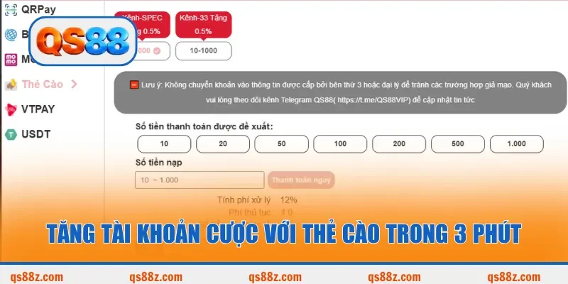 Tăng tài khoản cược với thẻ cào trong 3 phút